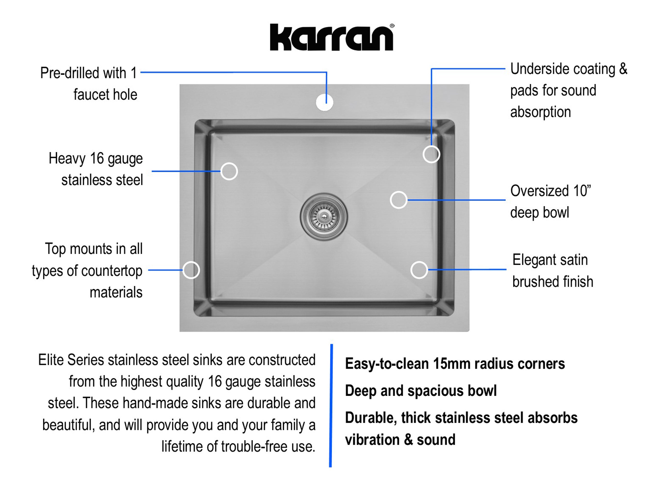 Alternate Image for Karran 25" Drop In/Topmount Stainless Steel Kitchen Sink with Accessories, 16 Gauge, EL-30-PK1