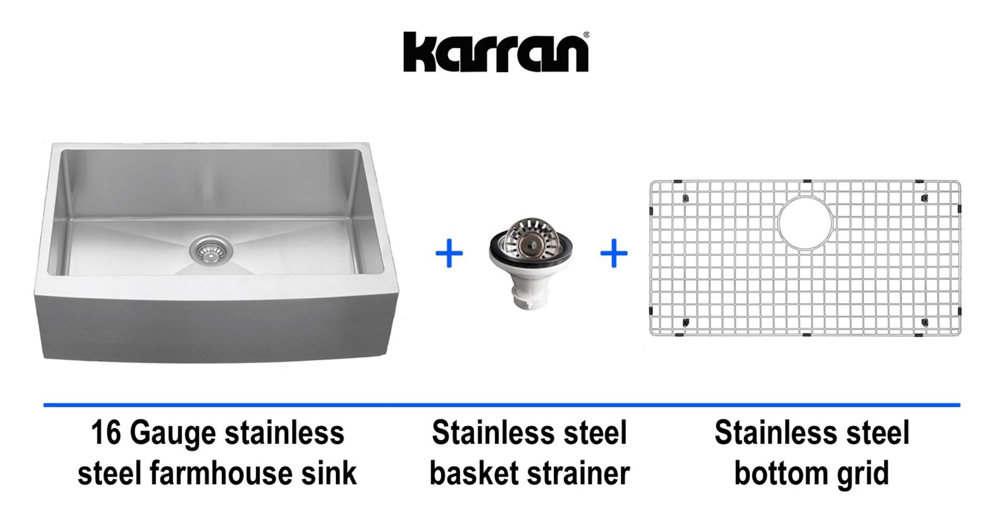 Karran 33" Stainless Steel Farmhouse Sink, 16 Gauge, EL-84-PK1