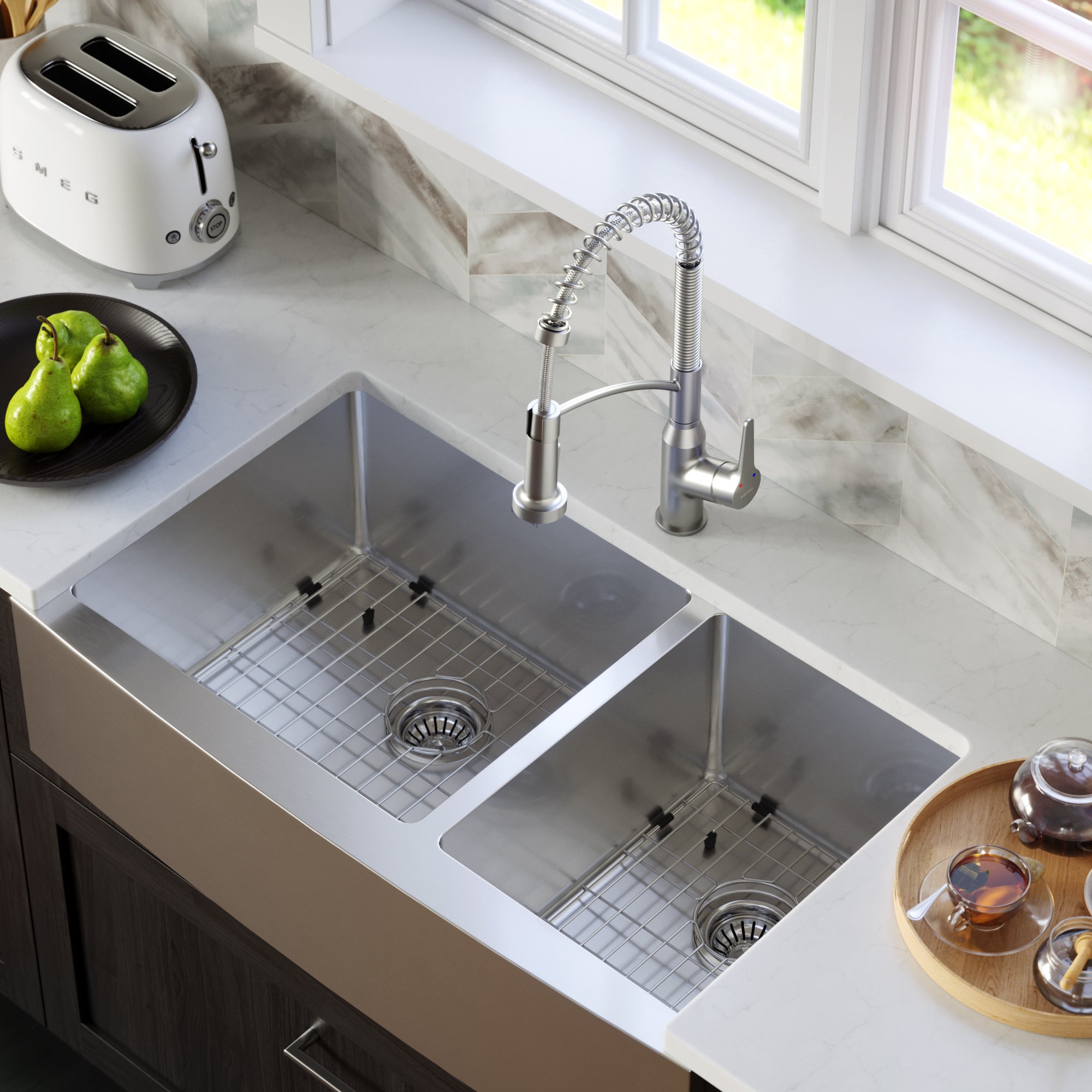 Karran 36" Stainless Steel Farmhouse Sink with Accessories, 60/40 Double Bowl, 16 Gauge, EL-87-PK1