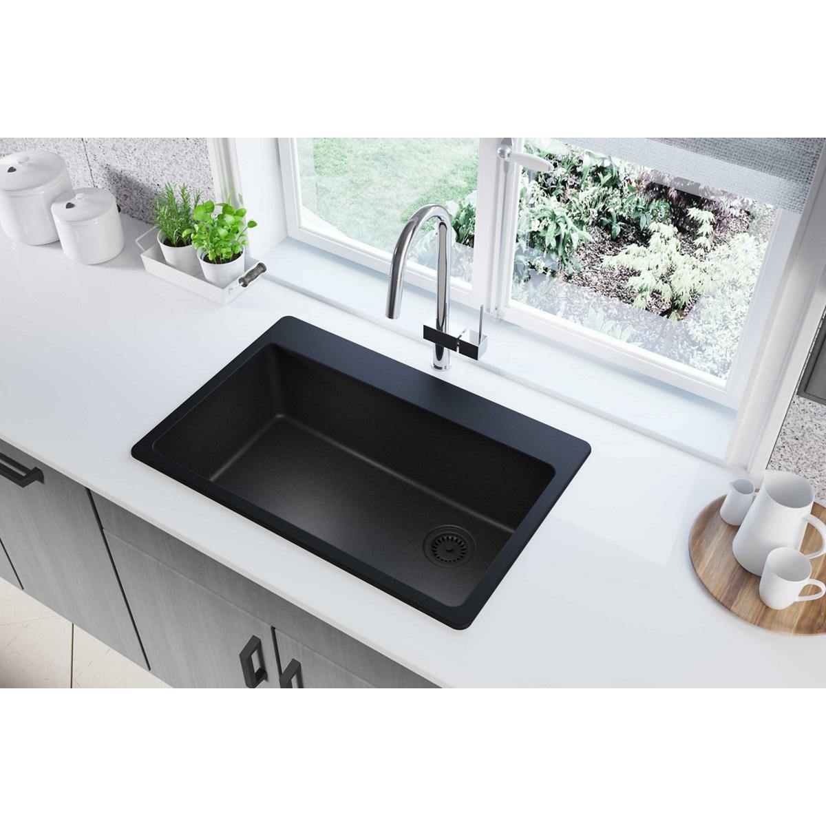 Alternate Image for Elkay Classic 33" Quartz Kitchen Sink, Black, Pre-scored for up to 7 Faucet Hole, ELG13322BK0