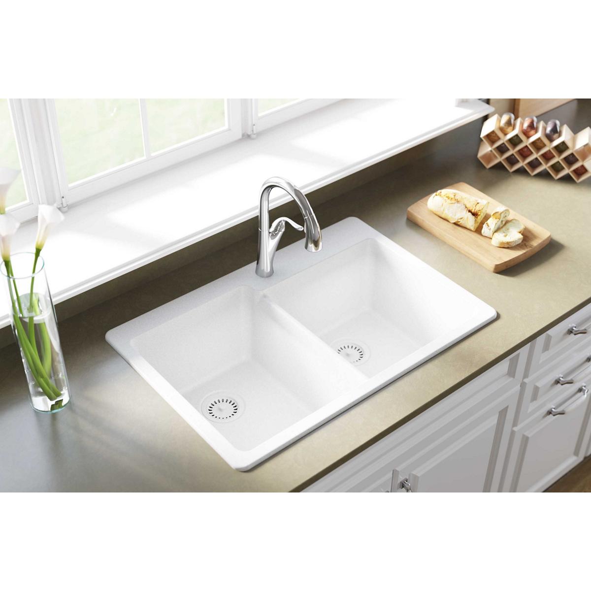 Elkay Classic 33" Quartz Kitchen Sink, 50/50 Double Bowl, White, ELG250RWH0 - The Sink Boutique