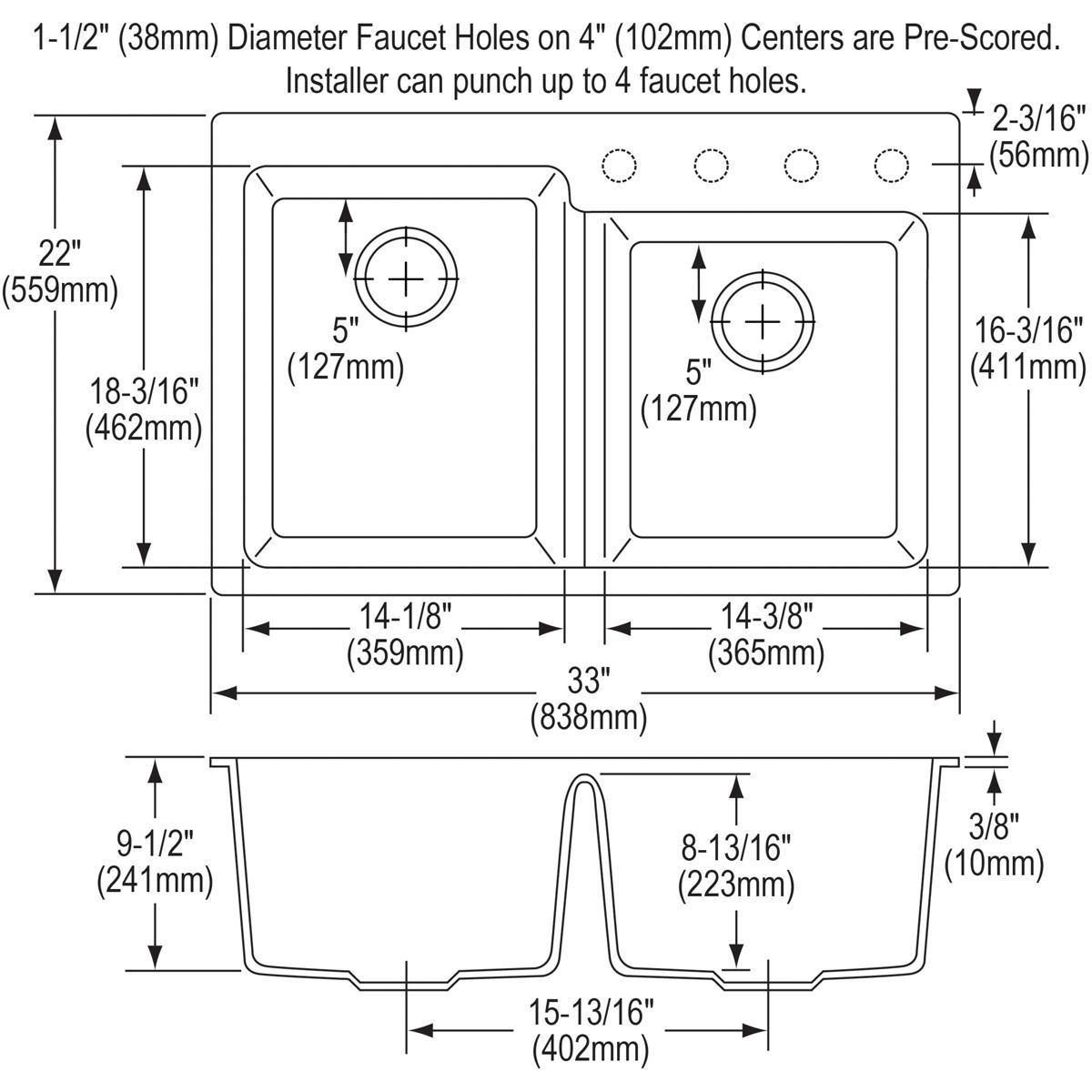 Alternate Image for Elkay Classic 33" Quartz Kitchen Sink, 50/50 Double Bowl, Black, Pre-scored for up to 4 Faucet Hole, ELG250RBK0