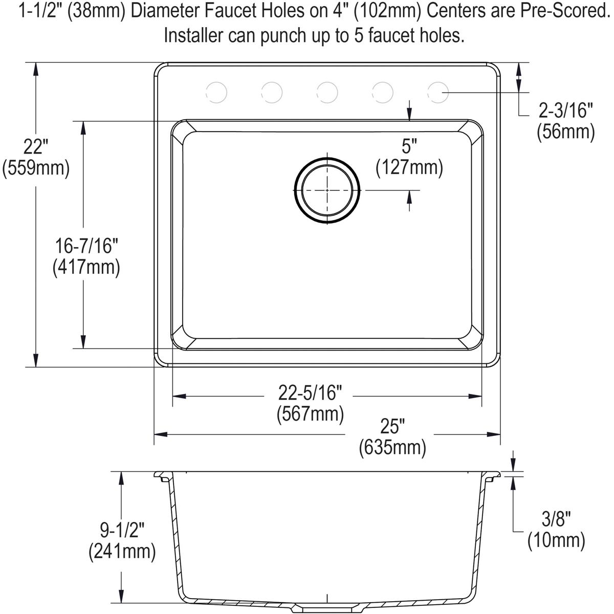 Alternate Image for Elkay Classic 25" Quartz Kitchen Sink, Greystone, Pre-scored for up to 5 Faucet Hole, ELG2522GS0