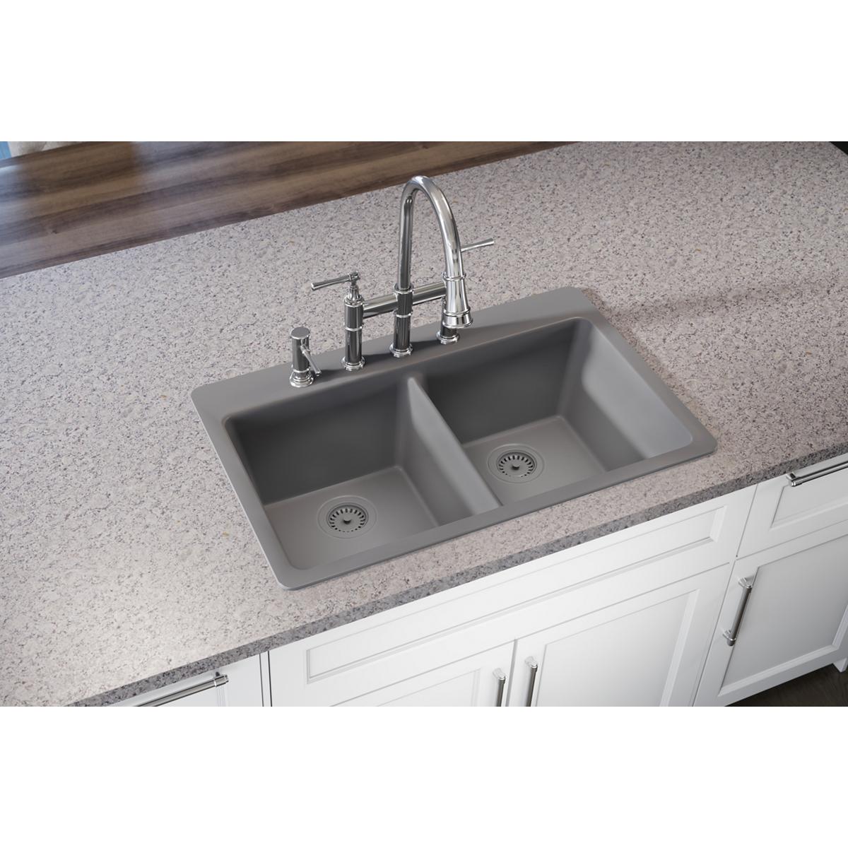 Alternate Image for Elkay Classic 33" Quartz Kitchen Sink, 50/50 Double Bowl, Greystone, Pre-scored for up to 5 Faucet Hole, ELG3322GS0