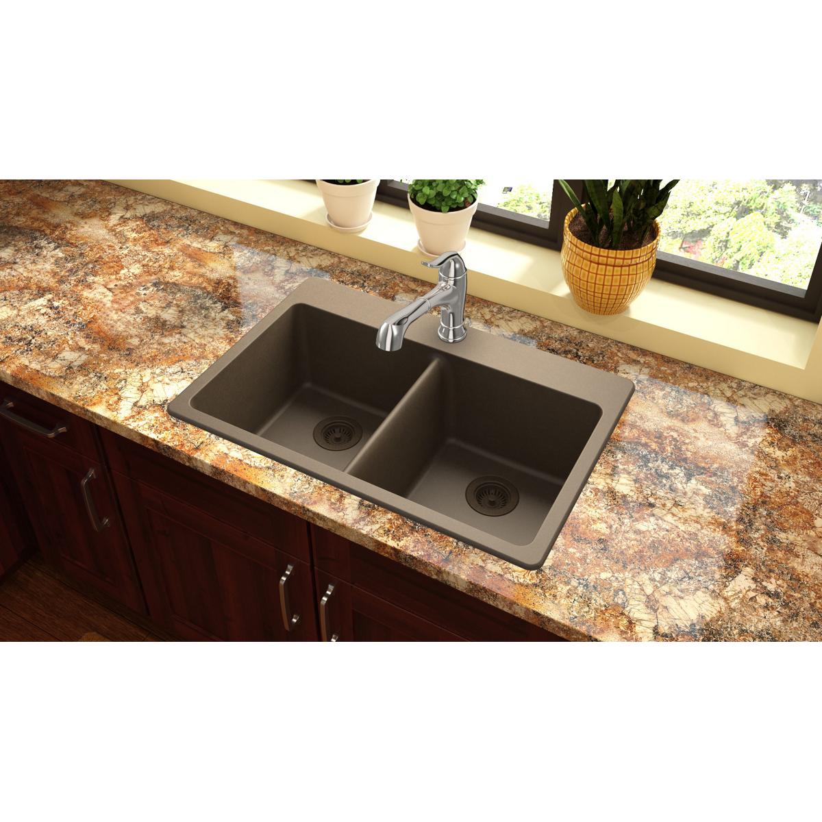 Elkay Classic 33" Quartz Kitchen Sink, 50/50 Double Bowl, Mocha, ELG3322MC0 - The Sink Boutique