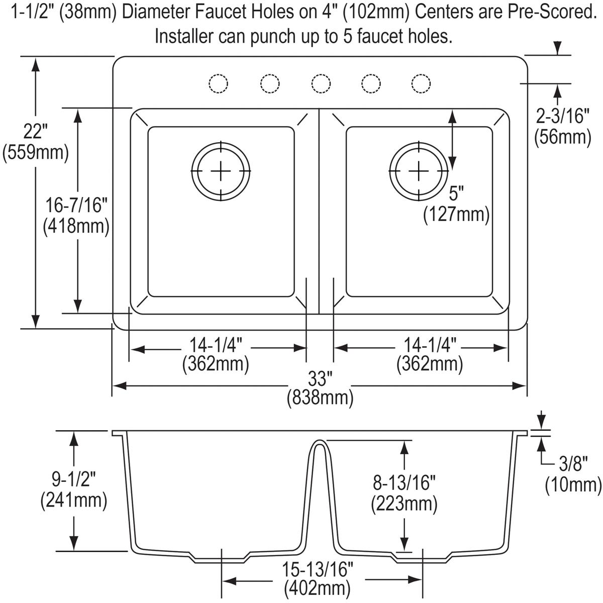 Alternate Image for Elkay Classic 33" Quartz Kitchen Sink, 50/50 Double Bowl, Greystone, Pre-scored for up to 5 Faucet Hole, ELG3322GS0
