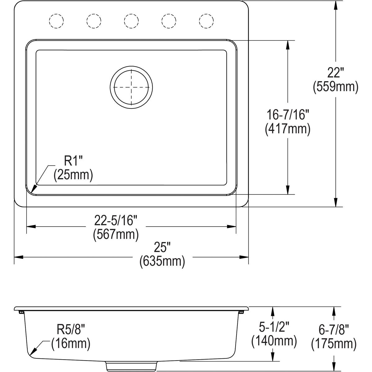 Alternate Image for Elkay Classic 25" Quartz Kitchen Sink, Black, Pre-scored for up to 5 Faucet Hole, ELGAD2522PDBK0