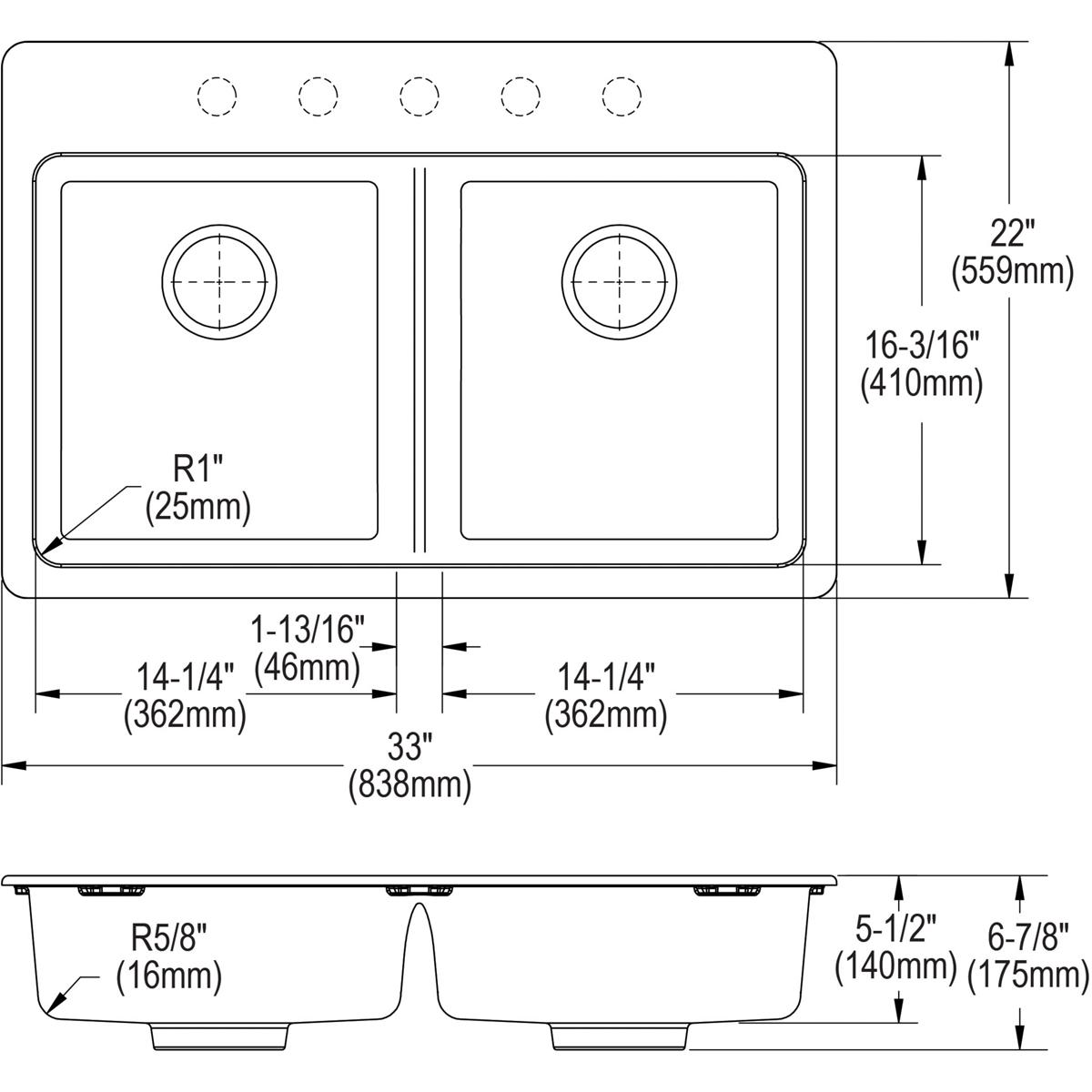 Alternate Image for Elkay Classic 33" Quartz Kitchen Sink, 50/50 Double Bowl, Black, Pre-scored for up to 5 Faucet Hole, ELGAD3322PDBK0
