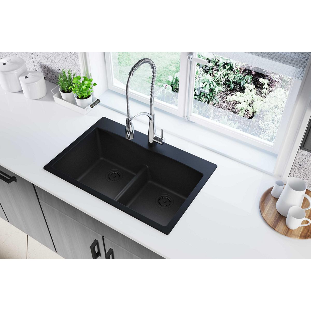 Alternate Image for Elkay Classic 33" Quartz Kitchen Sink, 50/50 Double Bowl, Black, Pre-scored for up to 5 Faucet Hole, ELGDLB3322BK0