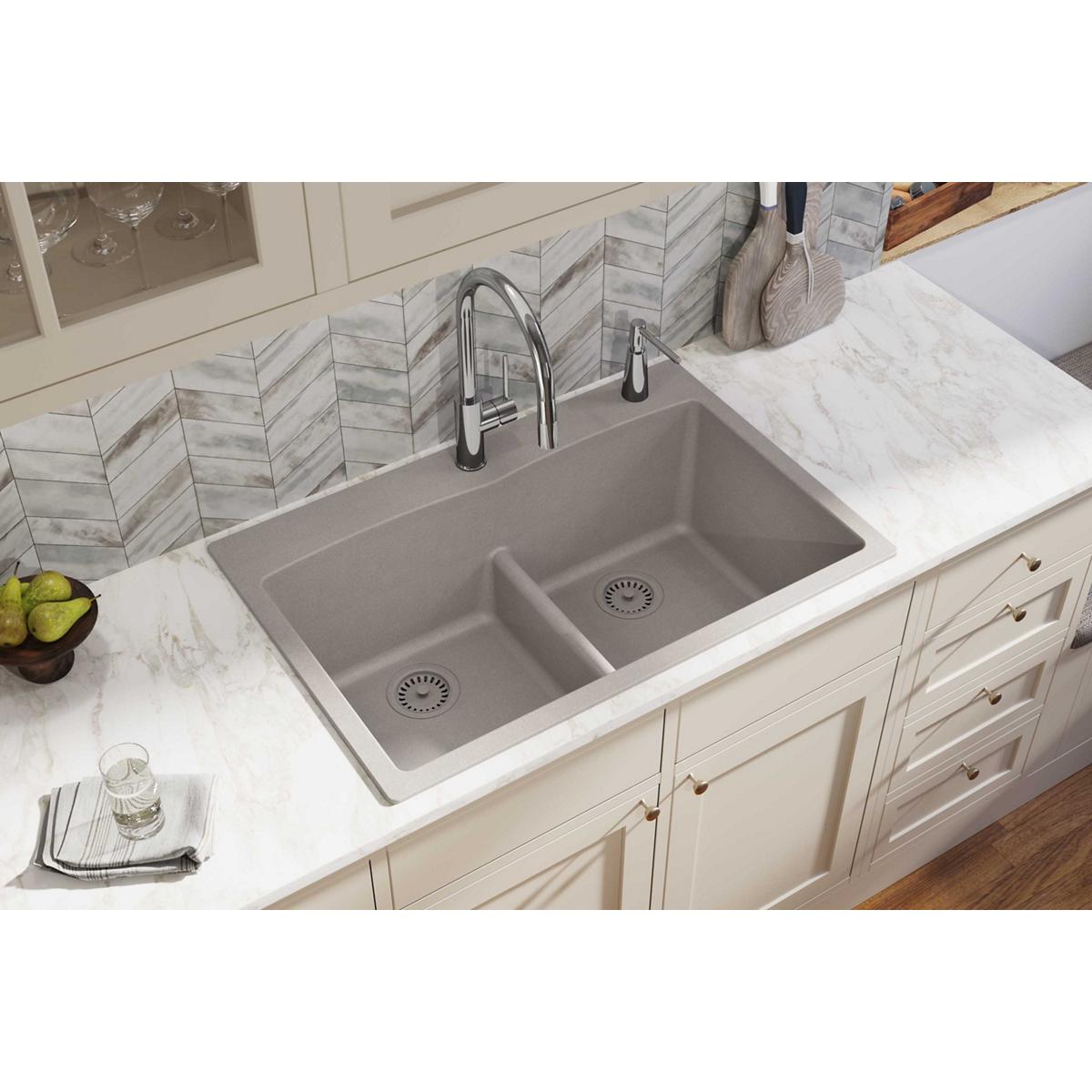 Elkay Classic 33" Quartz Kitchen Sink, 50/50 Double Bowl, Greige, ELGDLB3322GR0 - The Sink Boutique