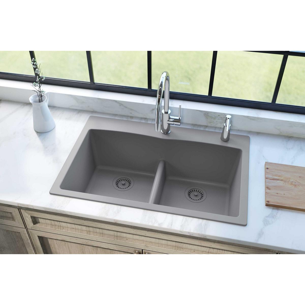 Alternate Image for Elkay Classic 33" Quartz Kitchen Sink, 50/50 Double Bowl, Greystone, Pre-scored for up to 5 Faucet Hole, ELGDLB3322GS0