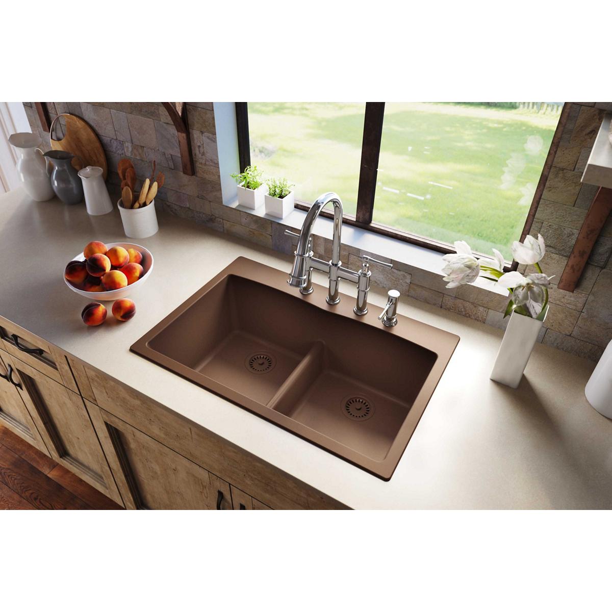 Alternate Image for Elkay Classic 33" Quartz Kitchen Sink, 50/50 Double Bowl, Mocha, ELGDLB3322MC0