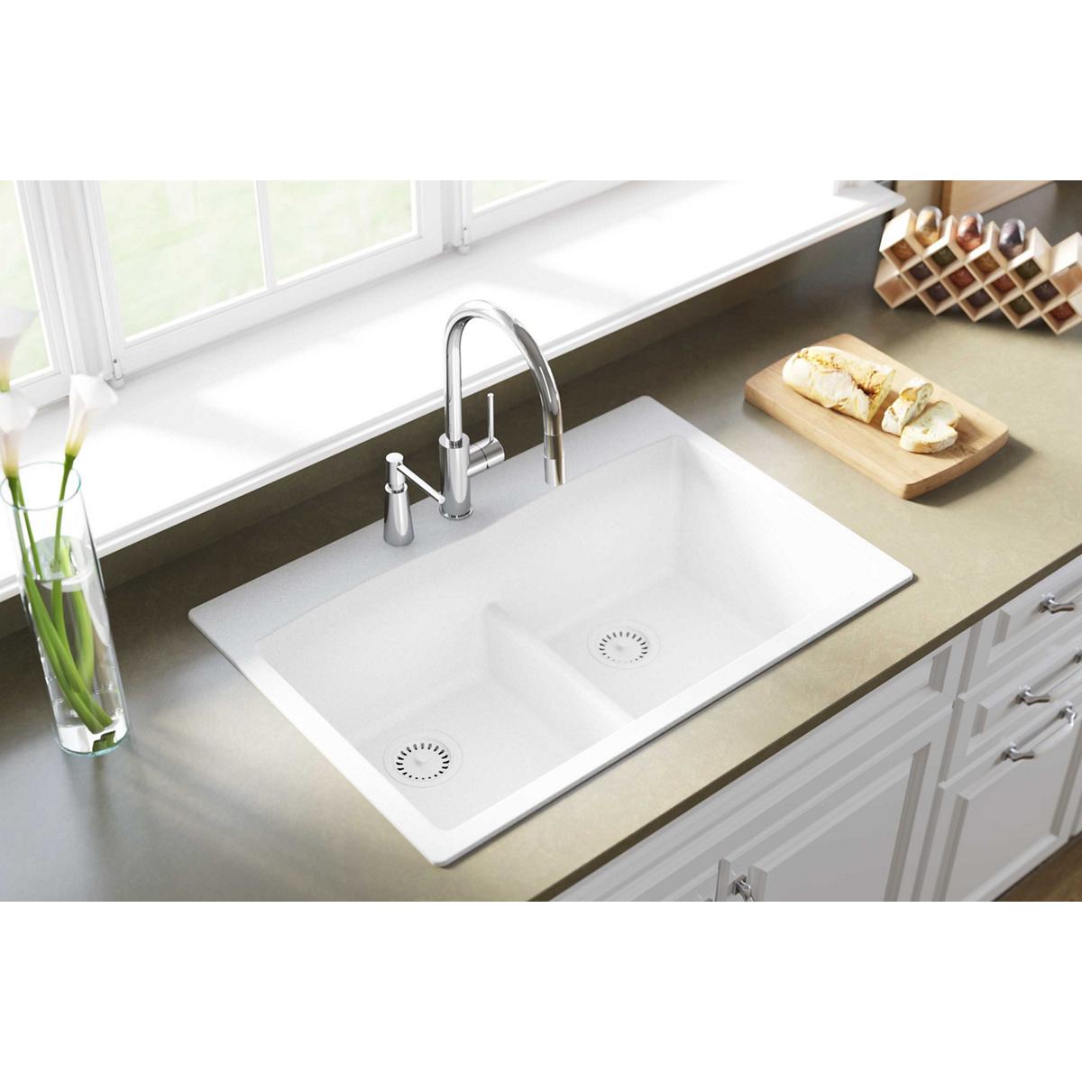 Alternate Image for Elkay Classic 33" Quartz Kitchen Sink, 50/50 Double Bowl, White, Pre-scored for up to 5 Faucet Hole, ELGDLB3322WH0
