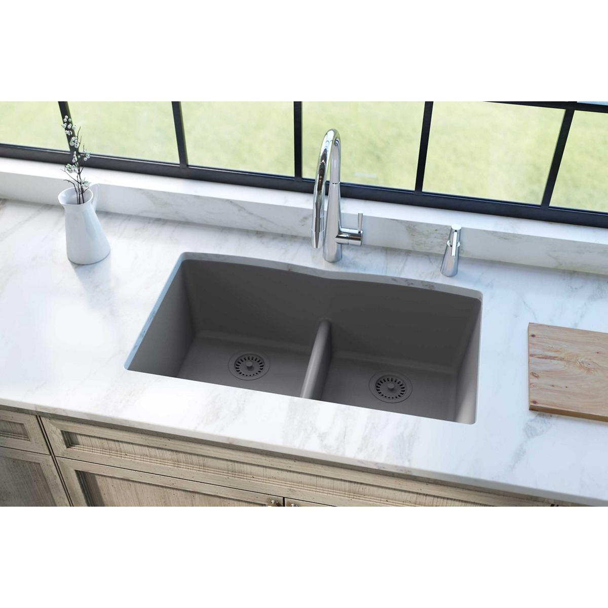 Elkay Classic 33" Quartz Kitchen Sink, 50/50 Double Bowl, Greystone, ELGDULB3322GS0 - The Sink Boutique