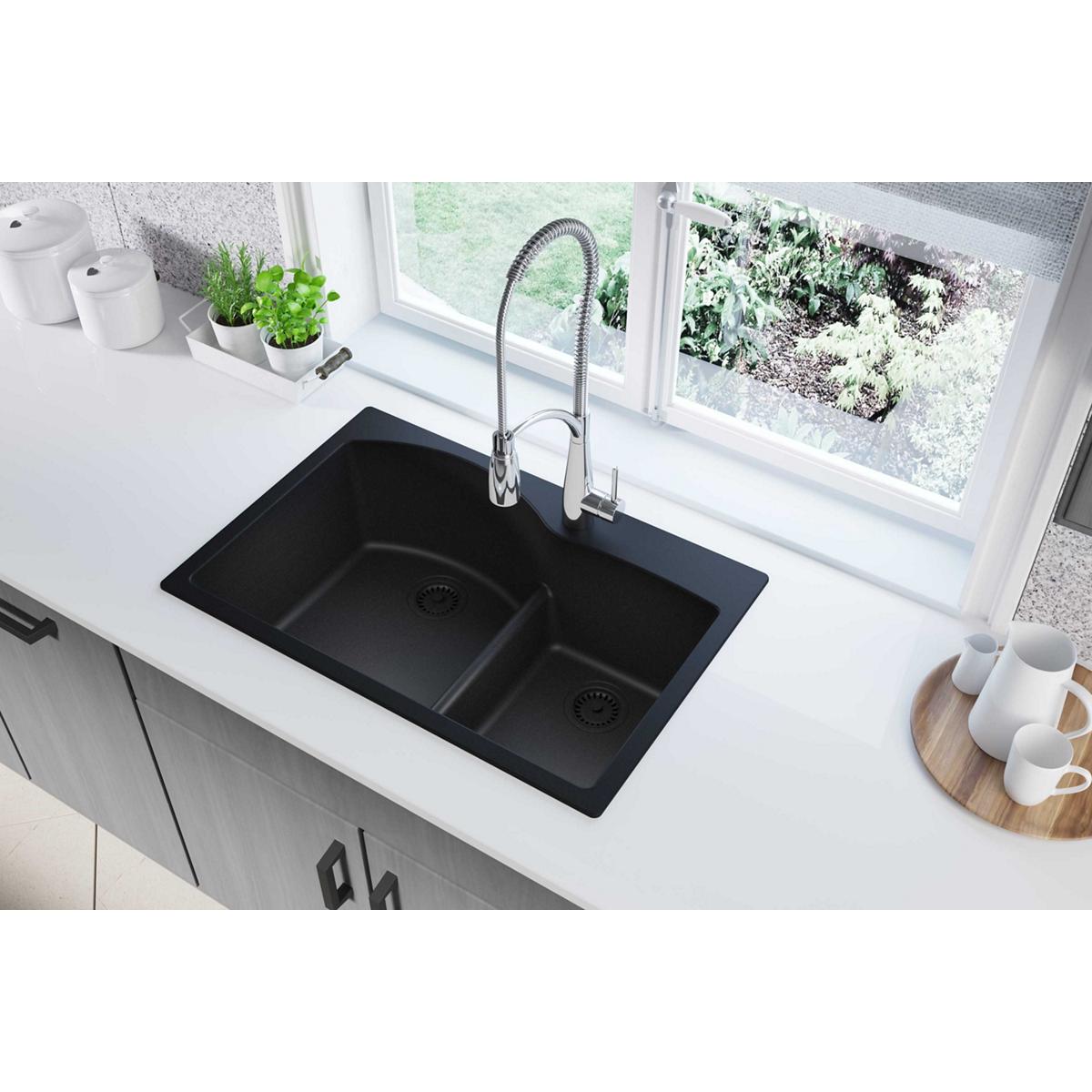 Alternate Image for Elkay Classic 33" Quartz Kitchen Sink, 55/45 Double Bowl, Black, Pre-scored for up to 4 Faucet Hole, ELGH3322RBK0