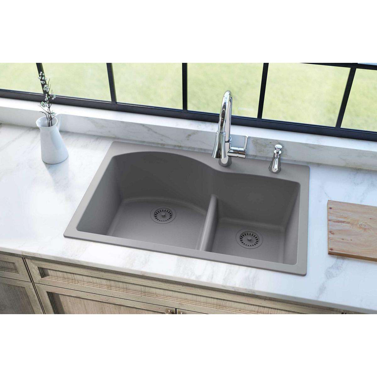 Elkay Classic 33" Quartz Kitchen Sink, 55/45 Double Bowl, Greystone, ELGH3322RGS0 - The Sink Boutique
