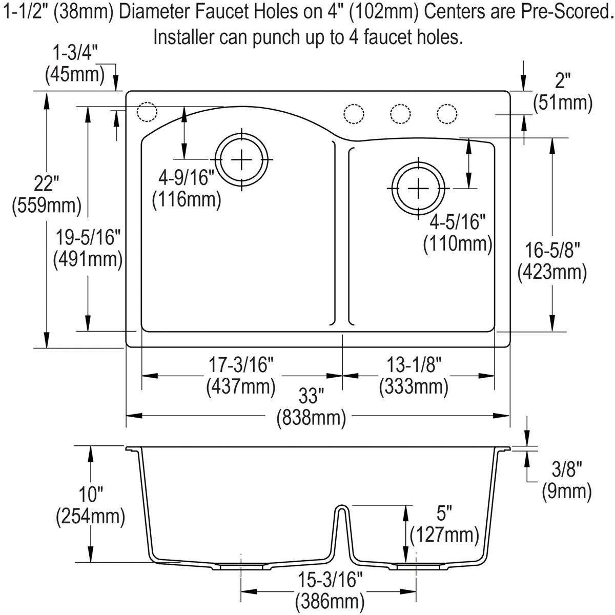 Alternate Image for Elkay Classic 33" Quartz Kitchen Sink, 55/45 Double Bowl, Mocha, Pre-scored for up to 4 Faucet Hole, ELGH3322RMC0
