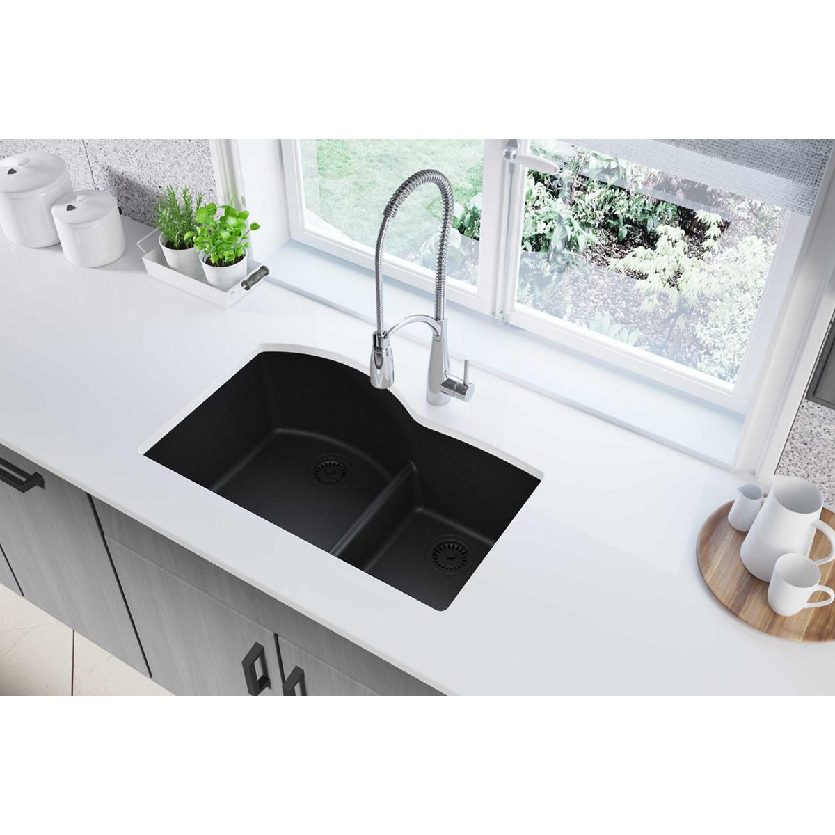 Elkay Classic 33" Quartz Kitchen Sink, 55/45 Double Bowl, Black, ELGHU3322RBK0 - The Sink Boutique