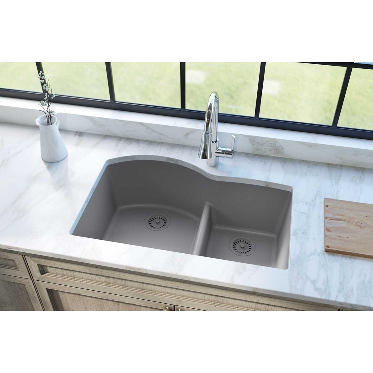 Elkay Classic 33" Quartz Kitchen Sink, 55/45 Double Bowl, Greystone, ELGHU3322RGS0 - The Sink Boutique