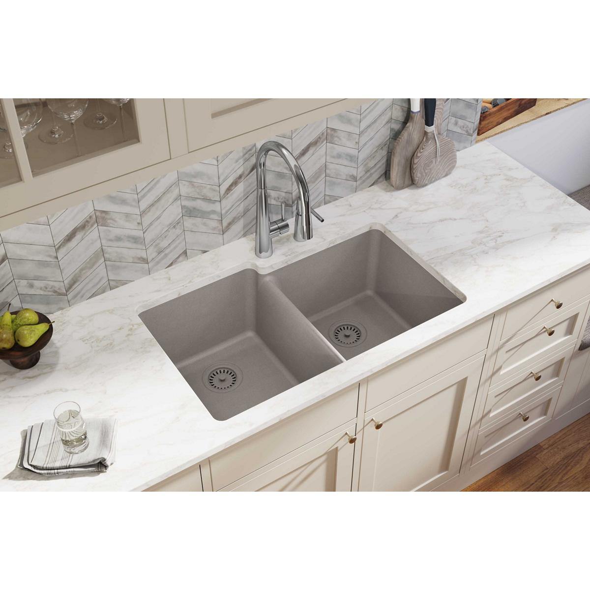 Elkay Classic 33" Quartz Kitchen Sink, 50/50 Double Bowl, Greige, ELGU250RGR0 - The Sink Boutique