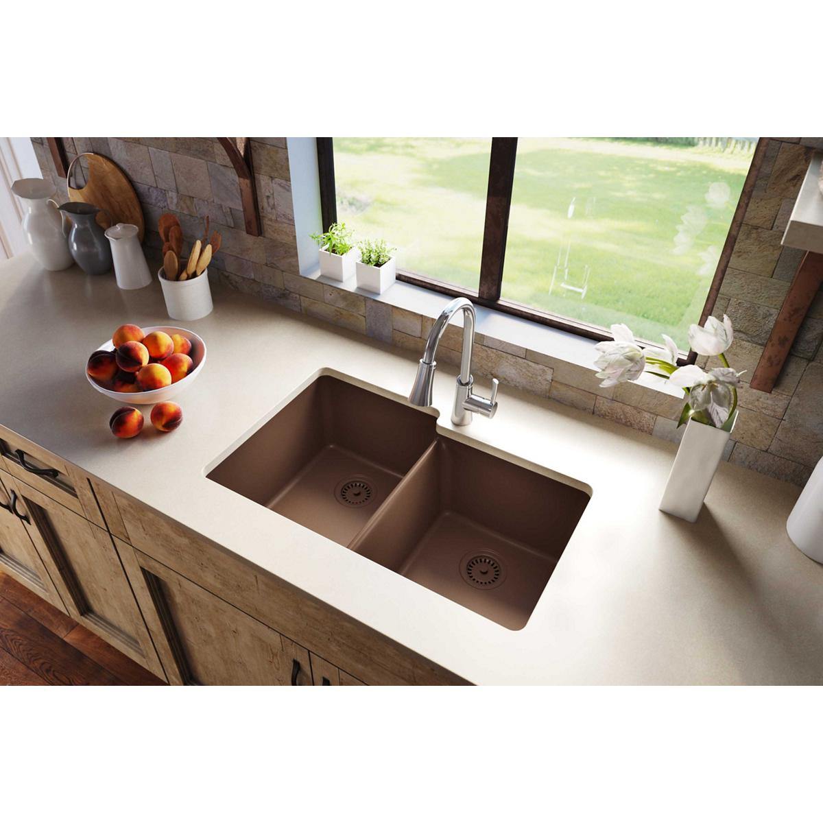 Elkay Classic 33" Quartz Kitchen Sink, 50/50 Double Bowl, Mocha, ELGU250RMC0 - The Sink Boutique