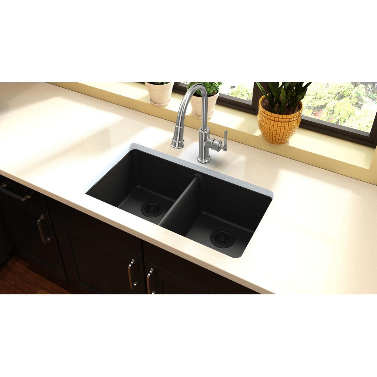Elkay Classic 33" Quartz Kitchen Sink, 50/50 Double Bowl, Black, ELGU3322BK0 - The Sink Boutique