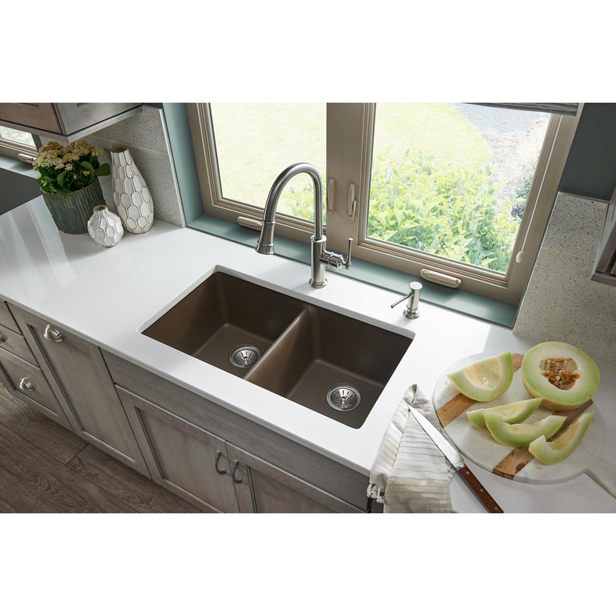 Elkay Classic 33" Quartz Kitchen Sink, 50/50 Double Bowl, Mocha, ELGU3322MC0 - The Sink Boutique