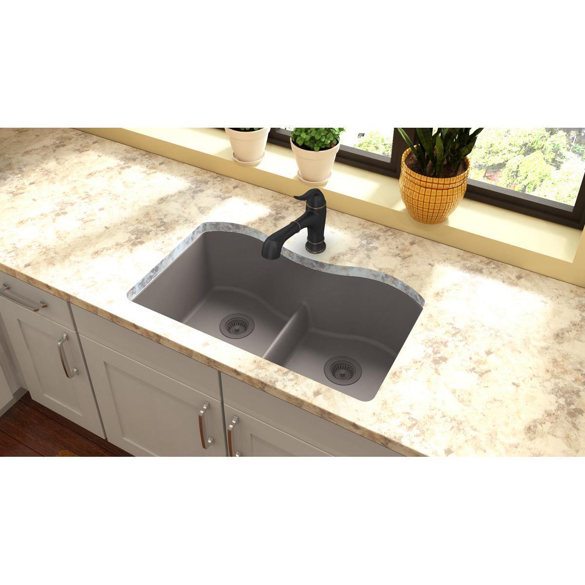 Elkay Classic 33" Quartz Kitchen Sink, 50/50 Double Bowl, Greige, ELGULB3322GR0 - The Sink Boutique