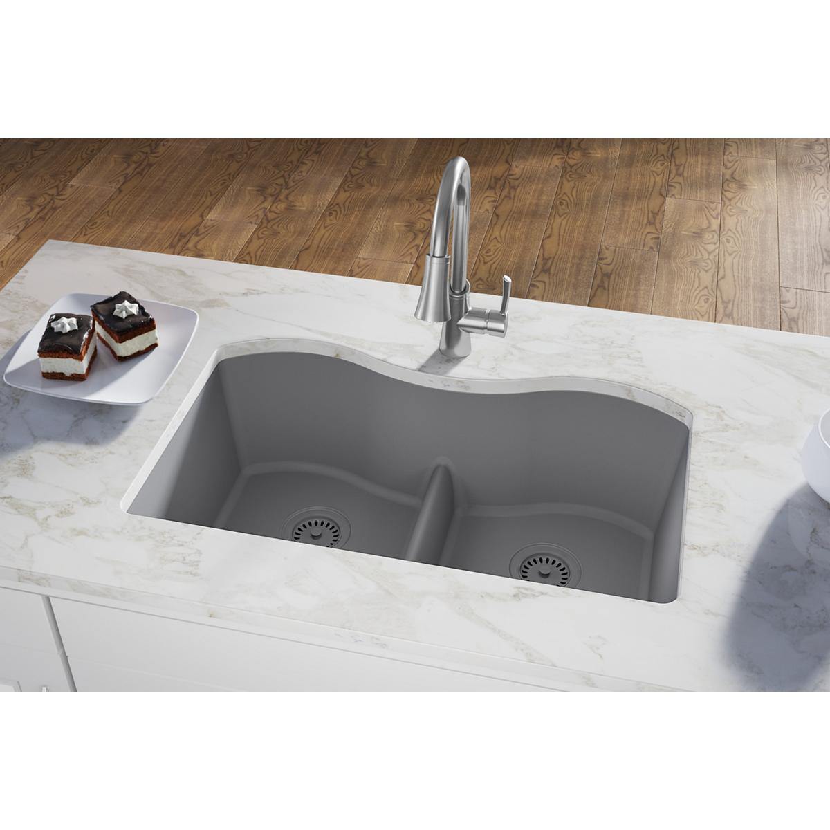 Elkay Classic 33" Quartz Kitchen Sink, 50/50 Double Bowl, Greystone, ELGULB3322GS0 - The Sink Boutique