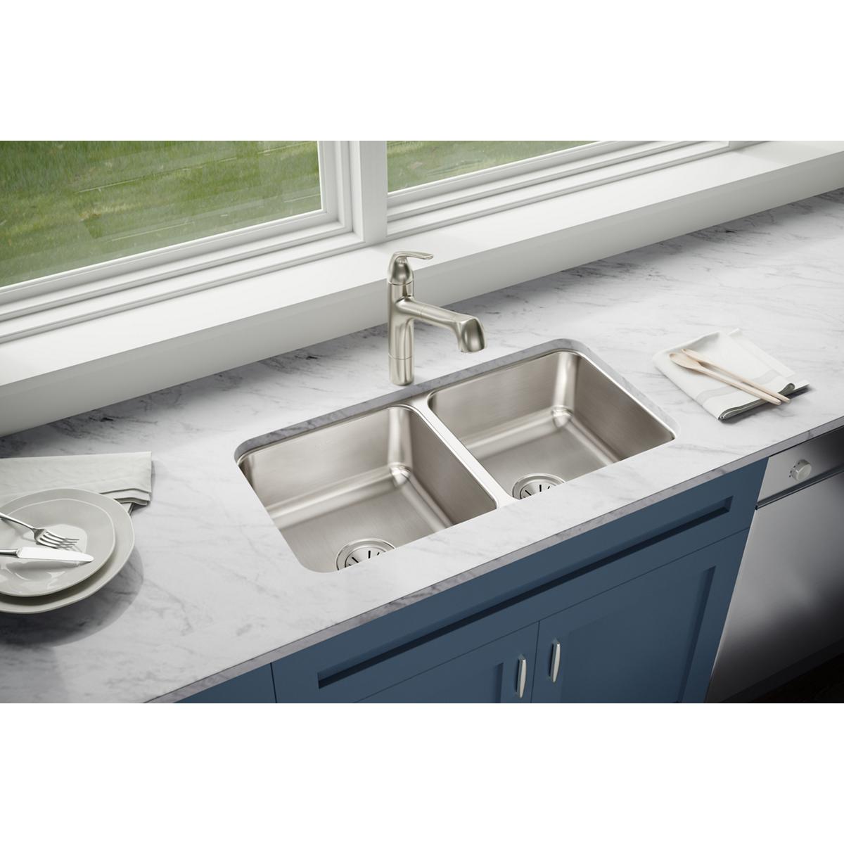 Elkay Lustertone Classic 32" Stainless Steel Kitchen Sink, 50/50 Double Bowl, Lustrous Satin, ELUH3116 - The Sink Boutique