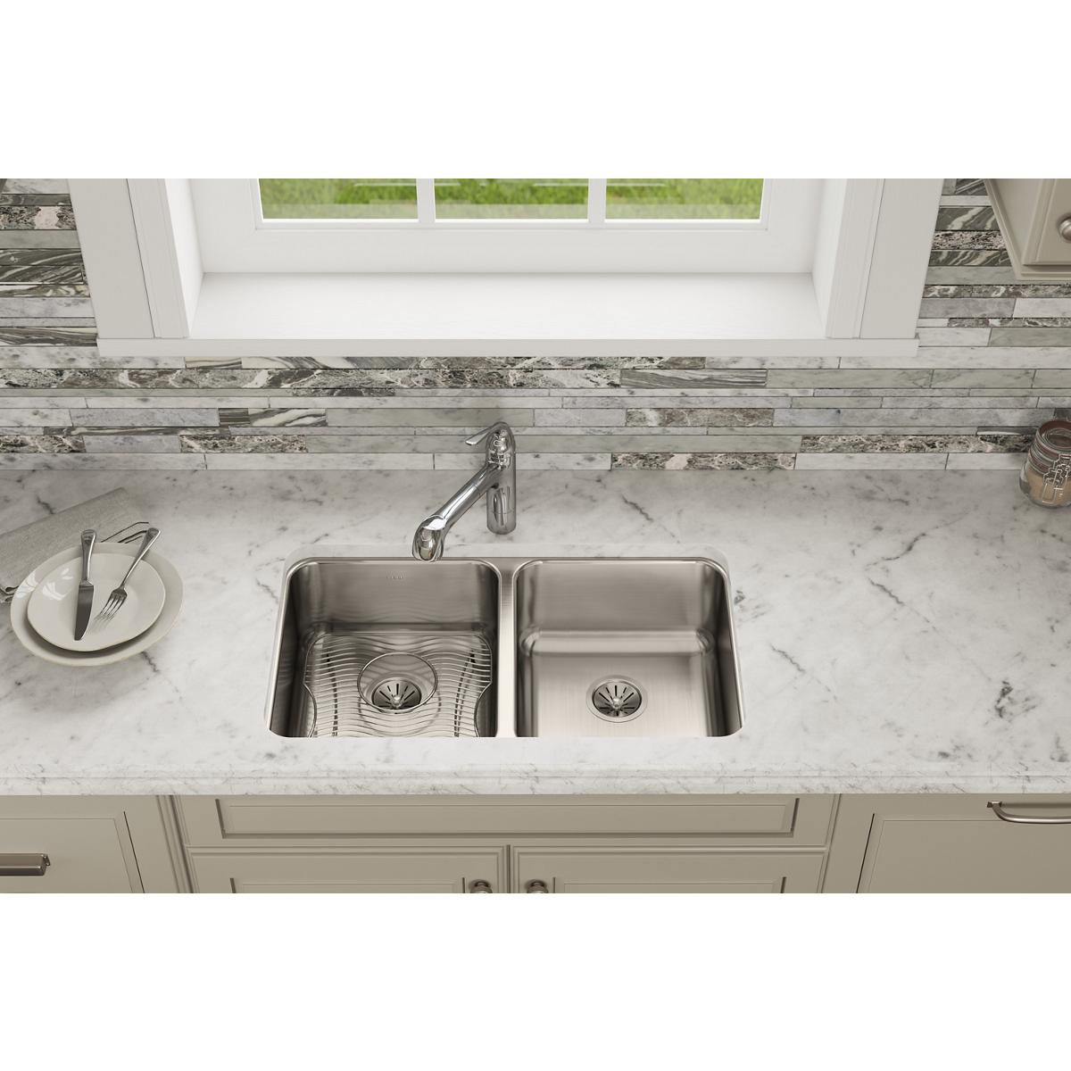Elkay Lustertone Classic 31" Stainless Steel Kitchen Sink, 50/50 Double Bowl, Sink Kit, Lustrous Satin, ELUH3118DBG - The Sink Boutique