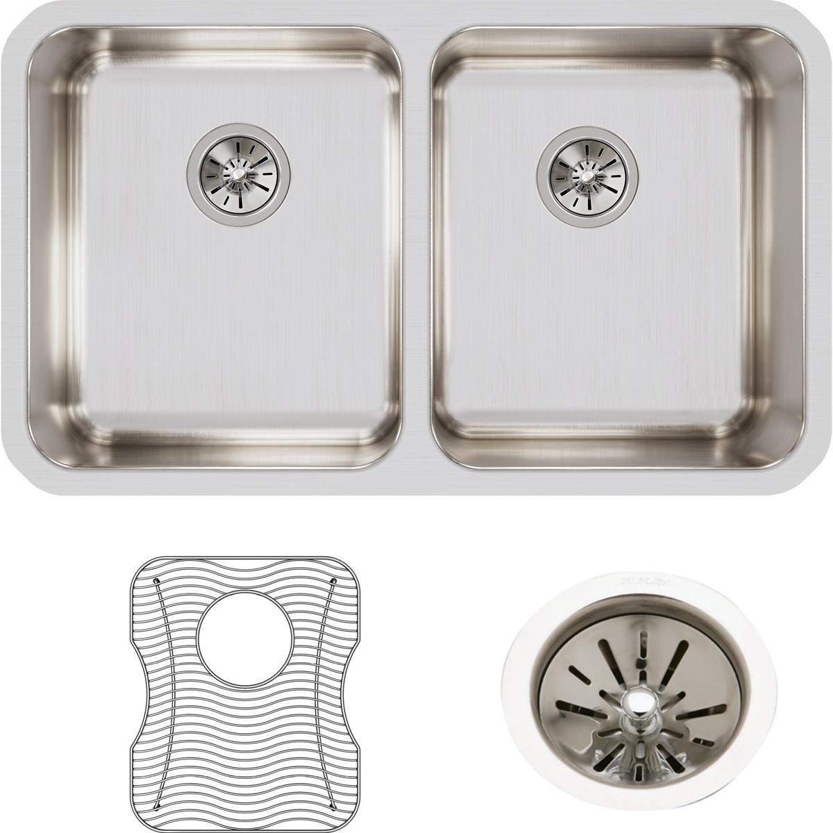 Elkay Lustertone Classic 31" Stainless Steel Kitchen Sink, 50/50 Double Bowl, Sink Kit, Lustrous Satin, ELUH3118DBG
