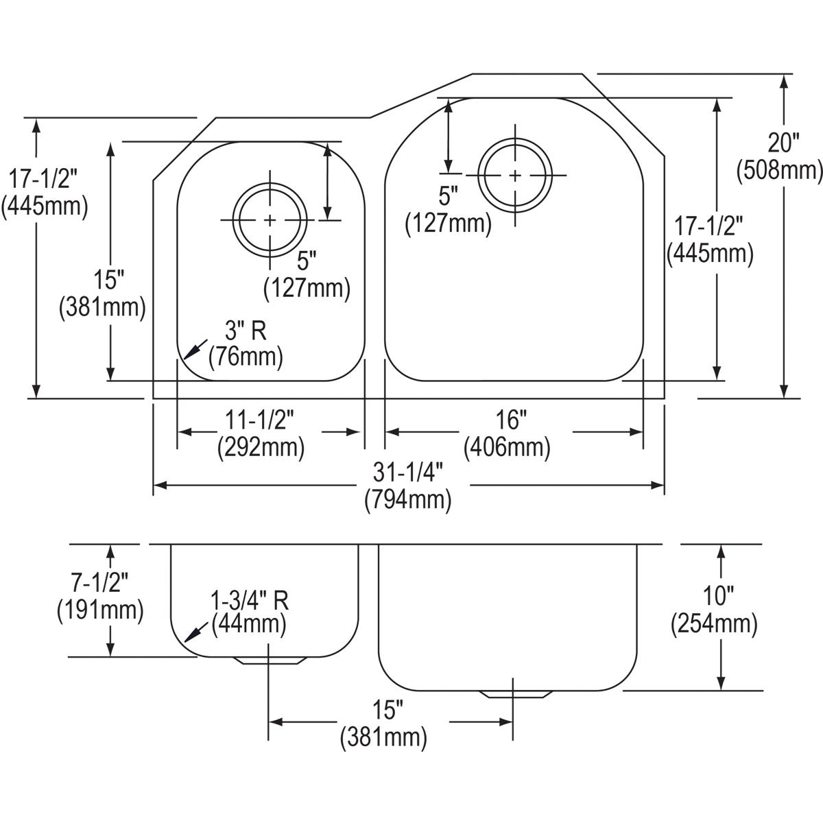 Alternate Image for Elkay Lustertone Classic 31" Stainless Steel Kitchen Sink, 40/60 Double Bowl, 18 Gauge, Lustrous Satin, ELUH311910L