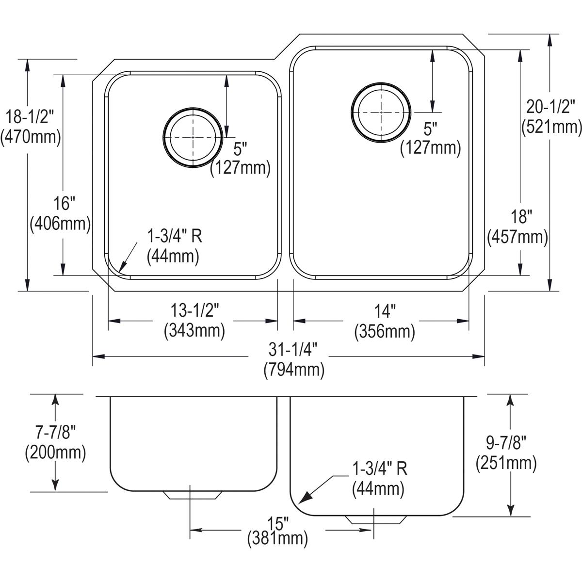 Alternate Image for Elkay Lustertone Classic 31" Stainless Steel Kitchen Sink, 50/50 Double Bowl, 18 Gauge, Lustrous Satin, ELUH3120L