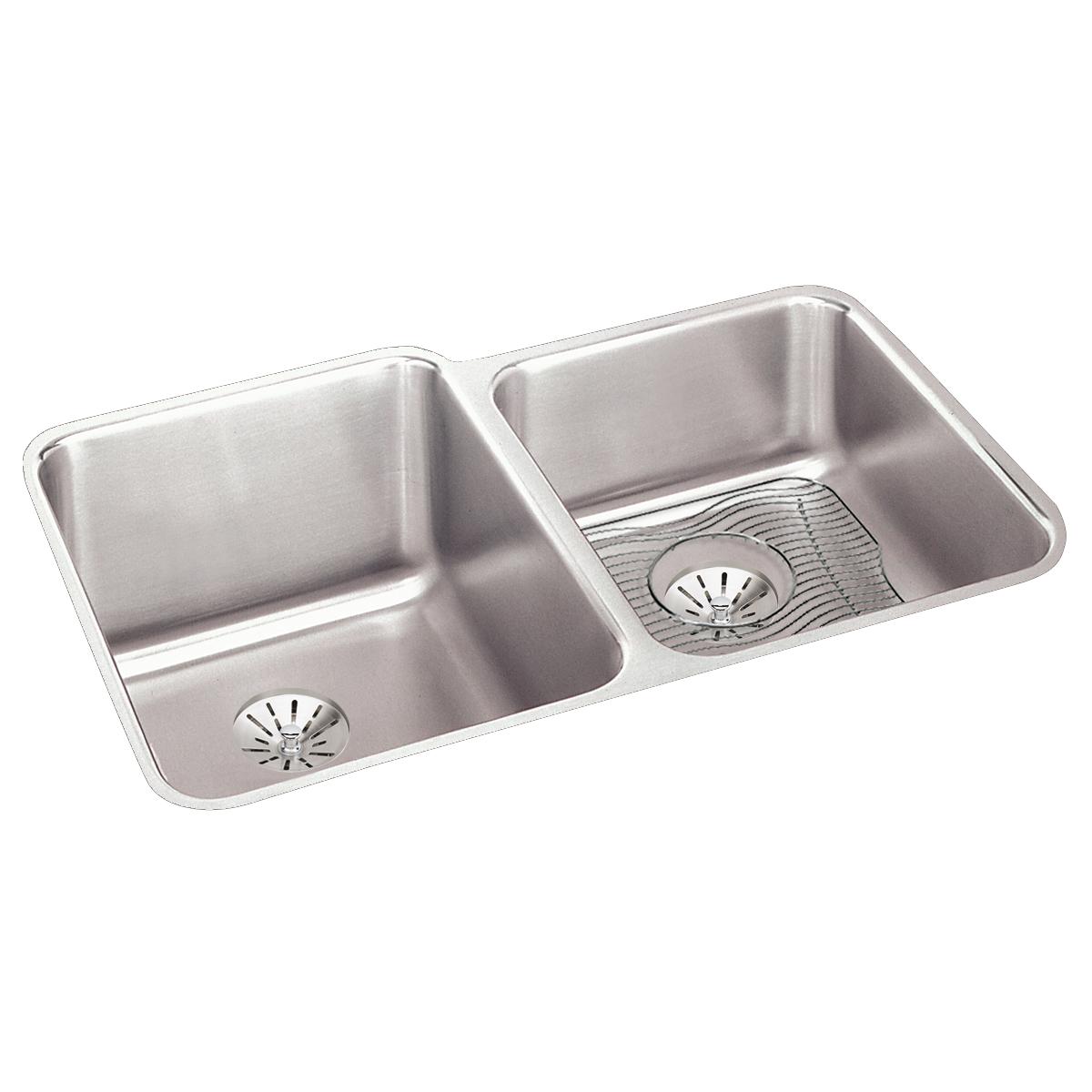 Elkay Lustertone Classic 31" Stainless Steel Kitchen Sink, 50/50 Double Bowl, Sink Kit, Lustrous Satin, ELUH3120RPDBG - The Sink Boutique
