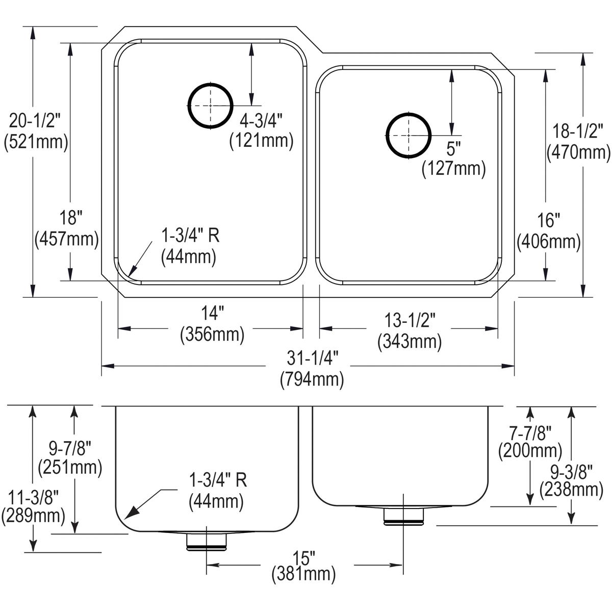 Alternate Image for Elkay Lustertone Classic 31" Stainless Steel Kitchen Sink, 50/50 Double Bowl, 18 Gauge, Sink Kit, Lustrous Satin, ELUH3120RPDBG