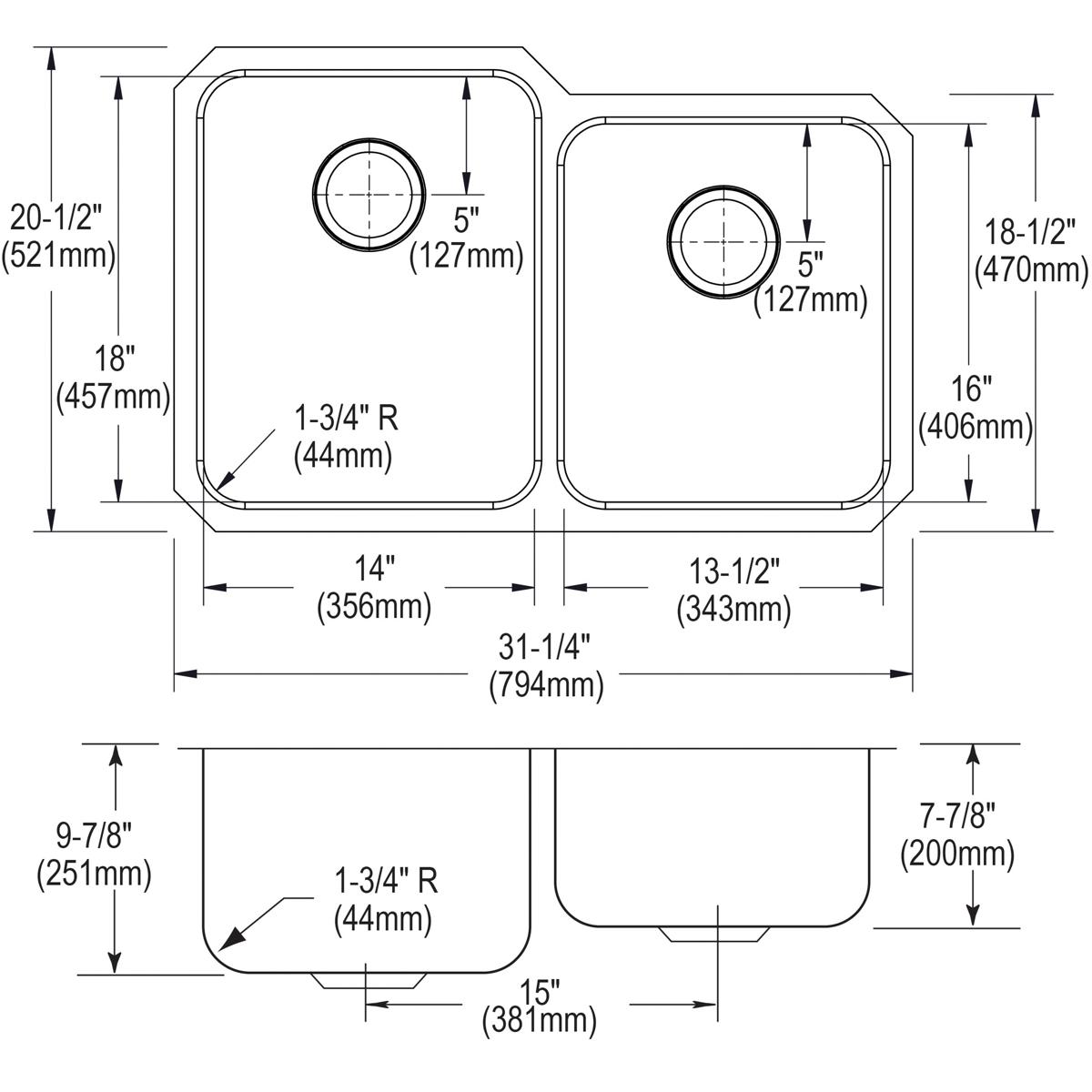 Alternate Image for Elkay Lustertone Classic 31" Stainless Steel Kitchen Sink, 50/50 Double Bowl, 18 Gauge, Lustrous Satin, ELUH3120R