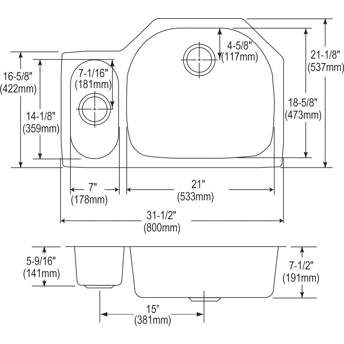 Alternate Image for Elkay Lustertone Classic 32" Stainless Steel Kitchen Sink, 25/75 Double Bowl, 18 Gauge, Lustrous Satin, ELUH3221L