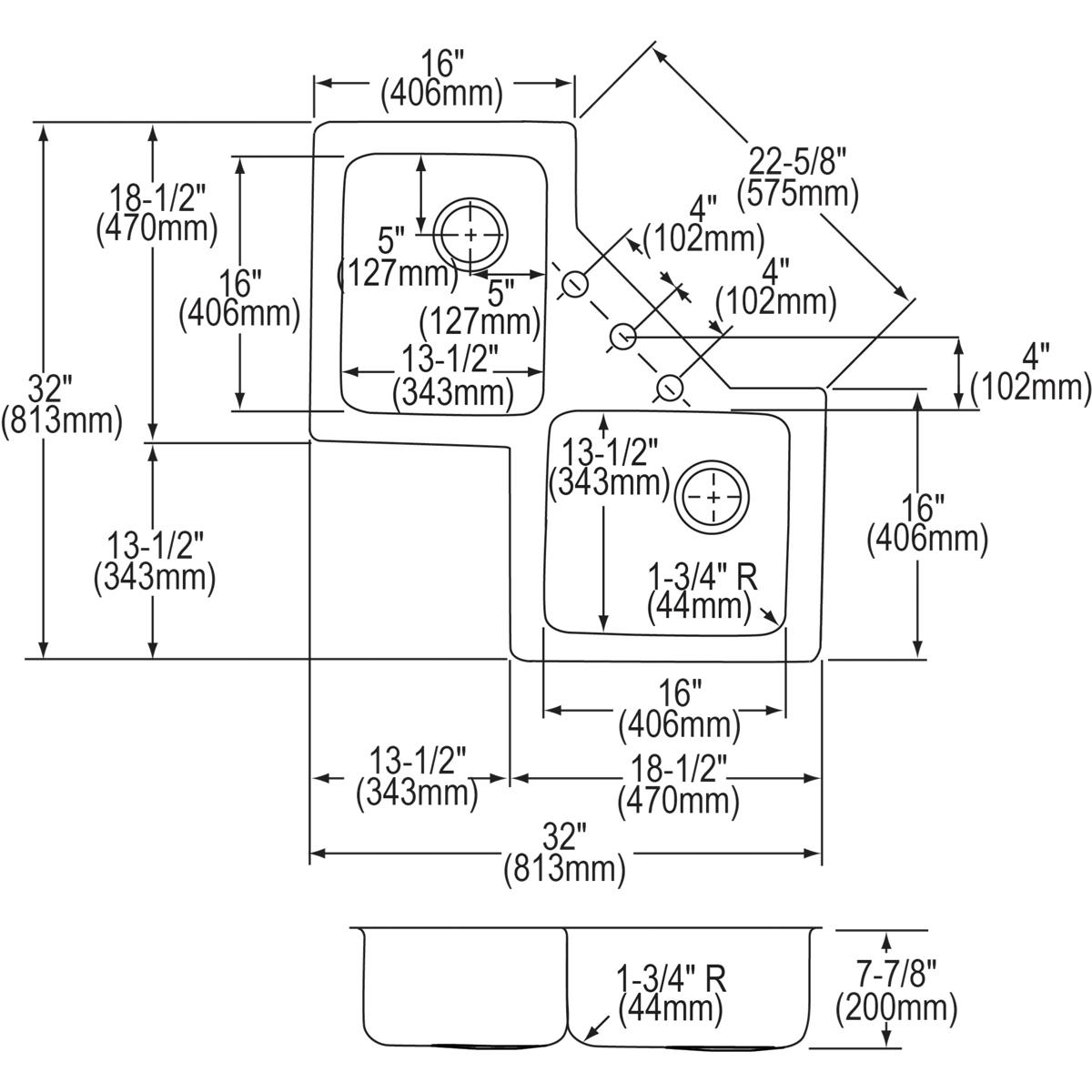 Alternate Image for Elkay Lustertone Classic 32" Stainless Steel Corner Kitchen Sink, 50/50 Double Bowl, 18 Gauge, Lustrous Satin, ELUH3232