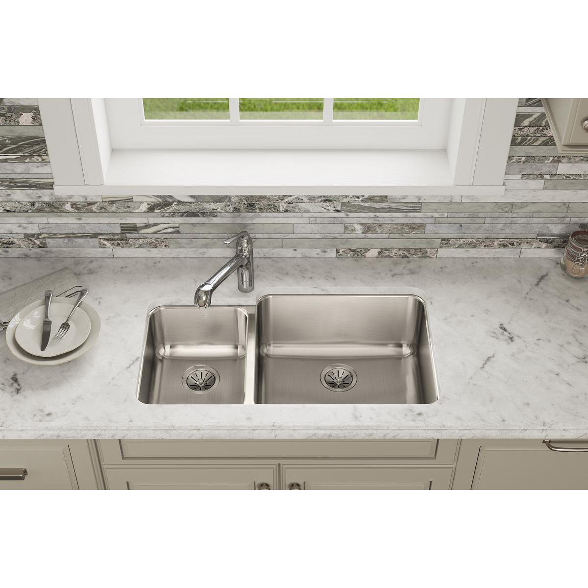Elkay Lustertone Classic 35" Stainless Steel Kitchen Sink, 35/65 Double Bowl, Lustrous Satin, ELUH3520L - The Sink Boutique