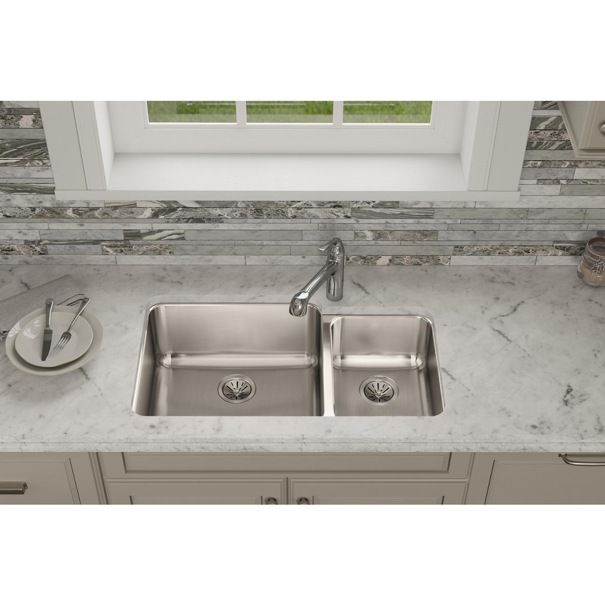 Elkay Lustertone Classic 35" Stainless Steel Kitchen Sink, 65/35 Double Bowl, Lustrous Satin, ELUH3520R - The Sink Boutique