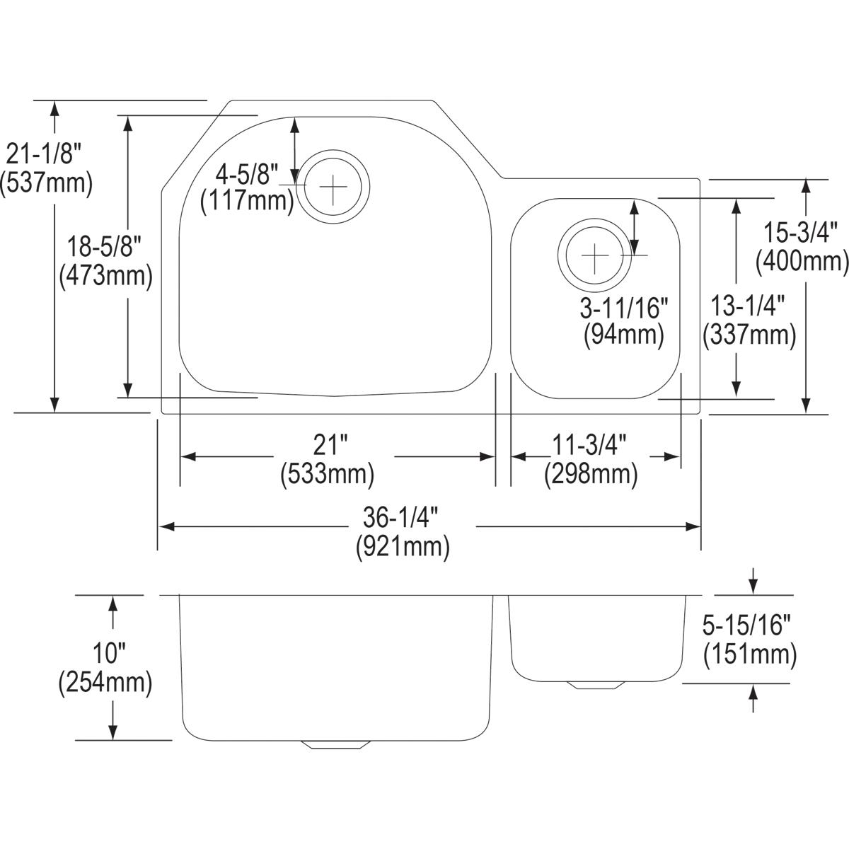 Alternate Image for Elkay Lustertone Classic 36" Stainless Steel Kitchen Sink, 65/35 Double Bowl, 18 Gauge, Lustrous Satin, ELUH362110R
