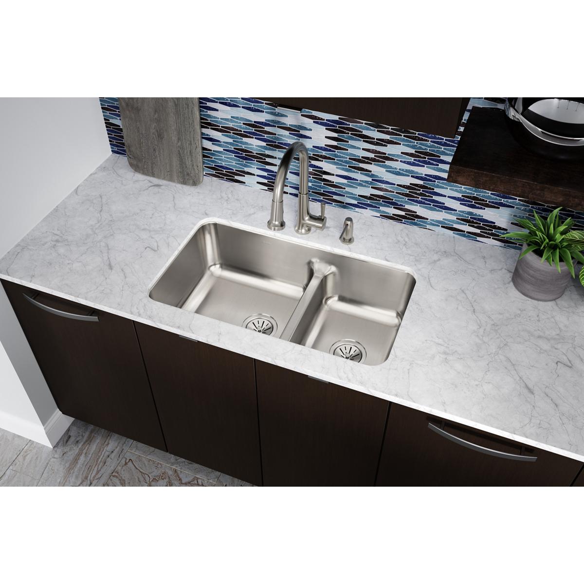 Elkay Lustertone Classic 32" Stainless Steel Kitchen Sink, 40/60 Double Bowl, Lustrous Satin, ELUHAQD32179 - The Sink Boutique