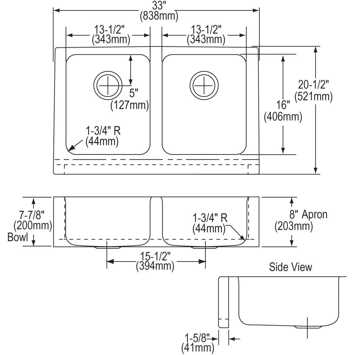 Alternate Image for Elkay Lustertone Classic 33" Stainless Steel Farmhouse Kitchen Sink, 50/50 Double Bowl, 18 Gauge, Lustrous Satin, ELUHF3320