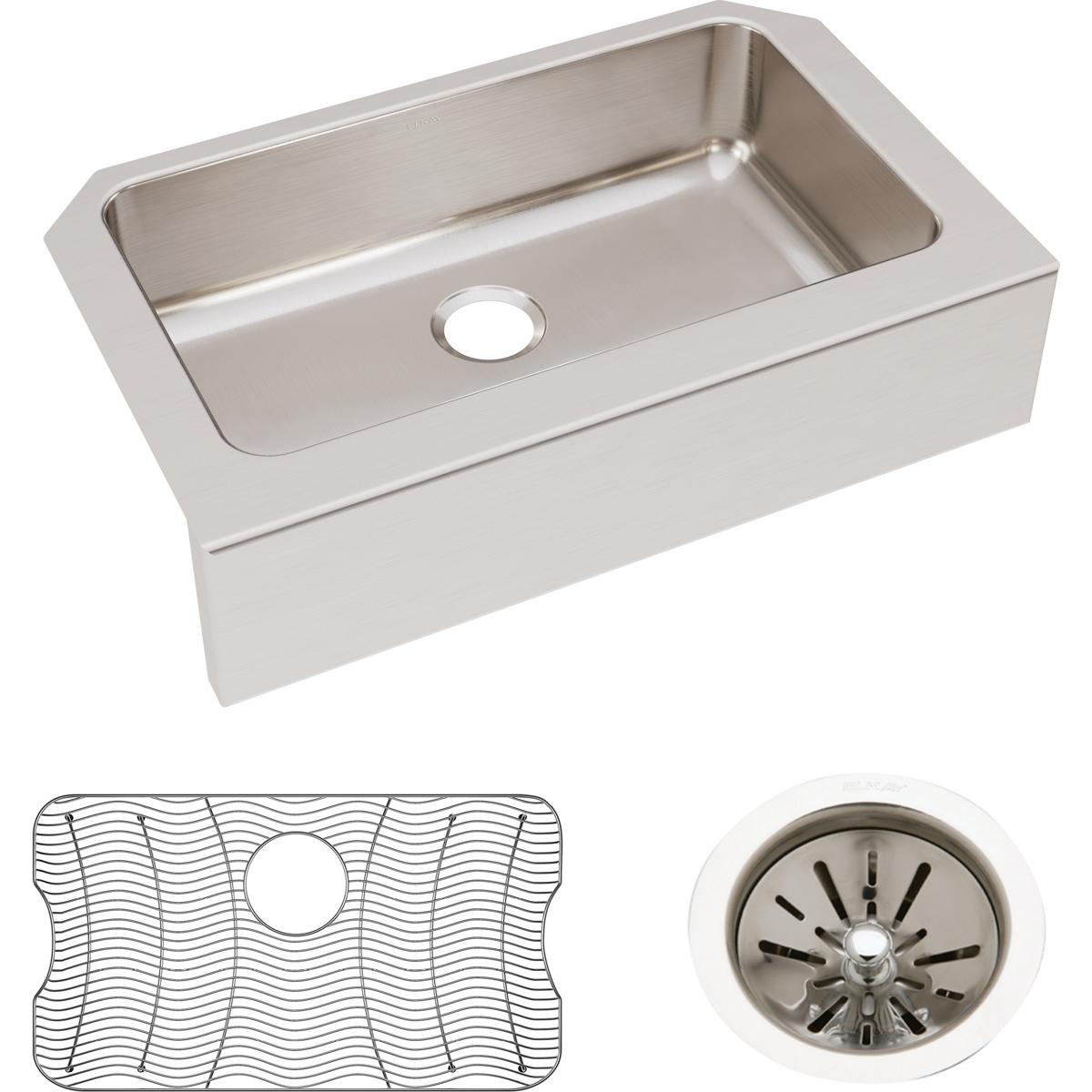 Elkay Lustertone Classic 33" Stainless Steel Farmhouse Kitchen Sink Kit, Lustrous Satin, ELUHFS2816DBG