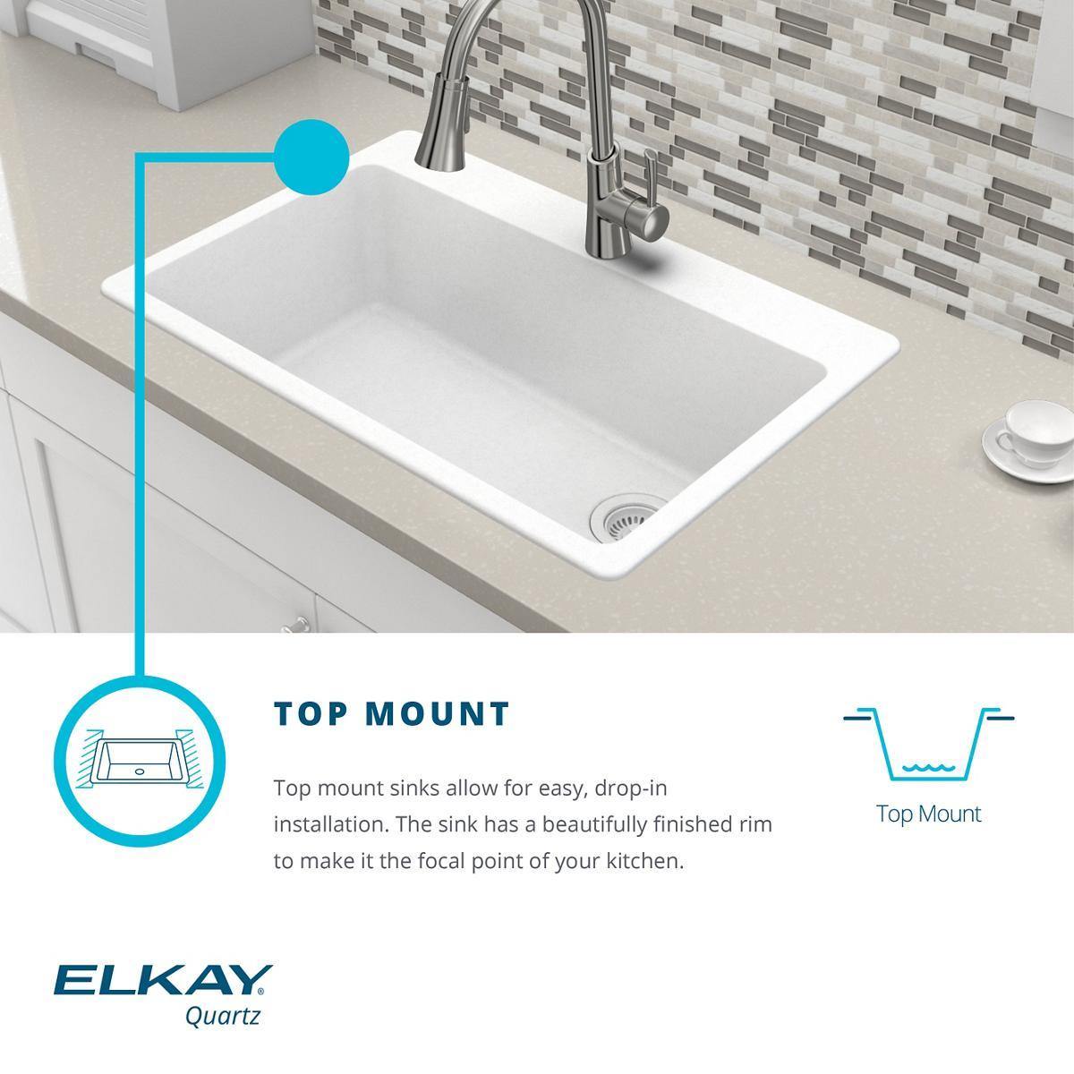 Alternate Image for Elkay Classic 33" Quartz Kitchen Sink, White, Pre-scored for up to 7 Faucet Hole, ELG13322WH0