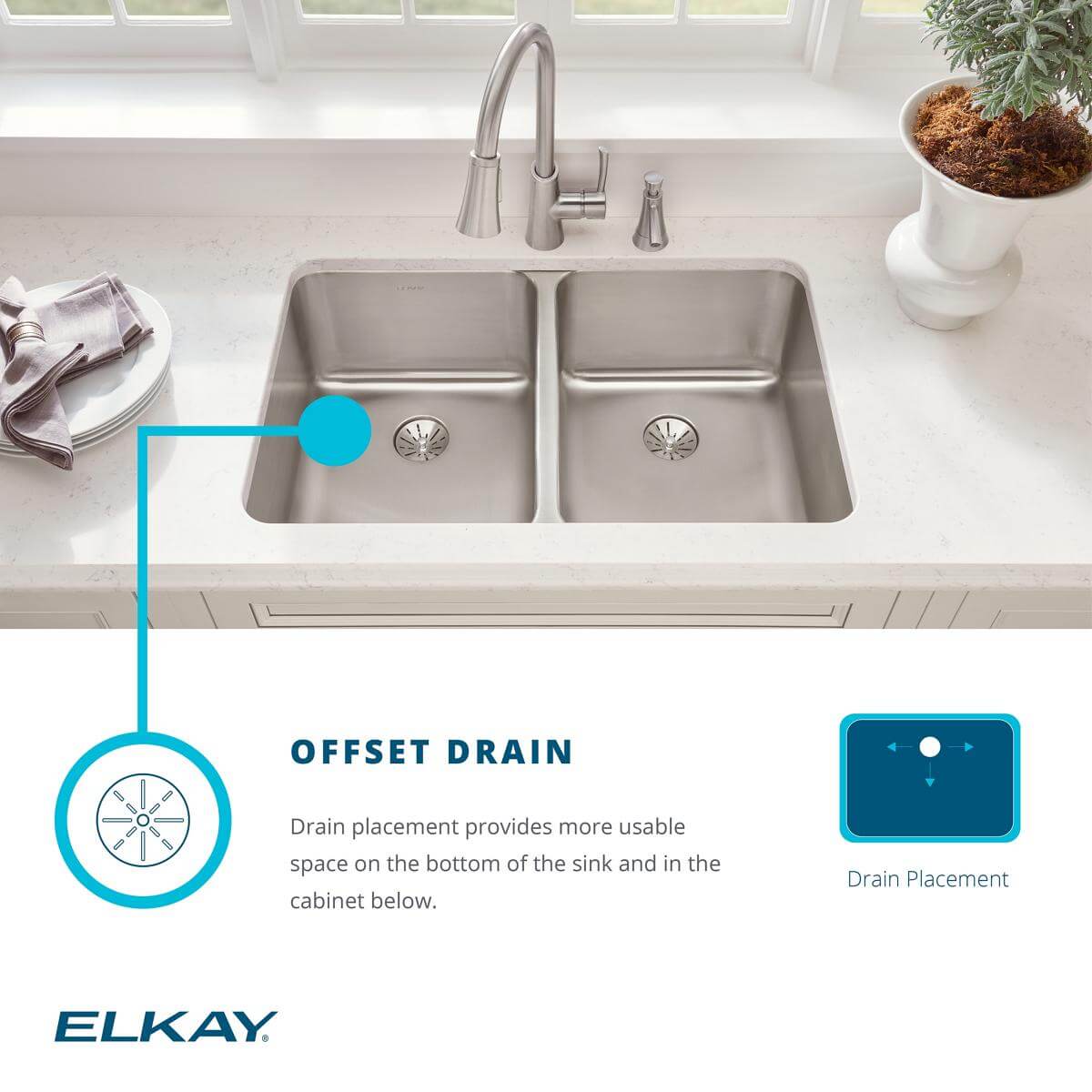 Alternate Image for Elkay Lustertone Classic 32" Stainless Steel Corner Kitchen Sink, 50/50 Double Bowl, 18 Gauge, Lustrous Satin, ELUH3232