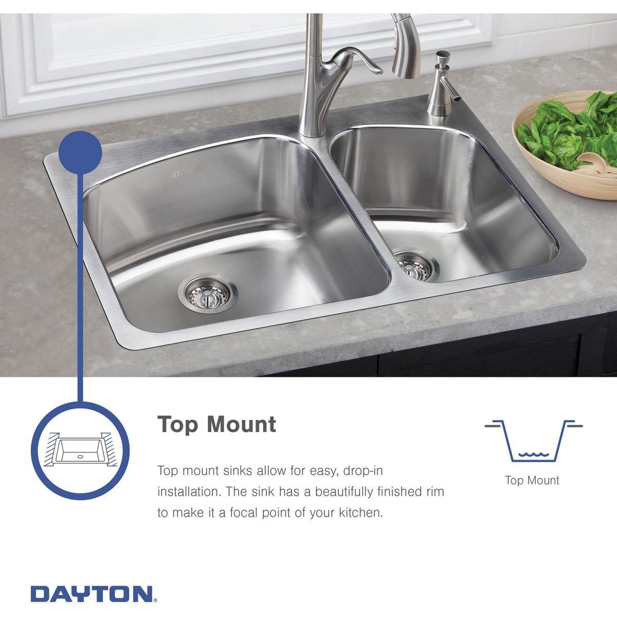 Alternate Image for Elkay Dayton 33" Stainless Steel Kitchen Sink, 20 Gauge, Elite Satin, 1 Faucet Hole, DSE133221