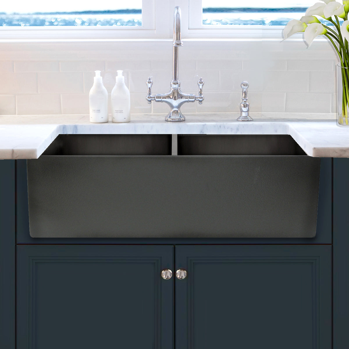 Nantucket Sinks Vineyard 33" Fireclay Farmhouse Sink, Double Bowl, Gray, FCFS3318D-Concrete - The Sink Boutique