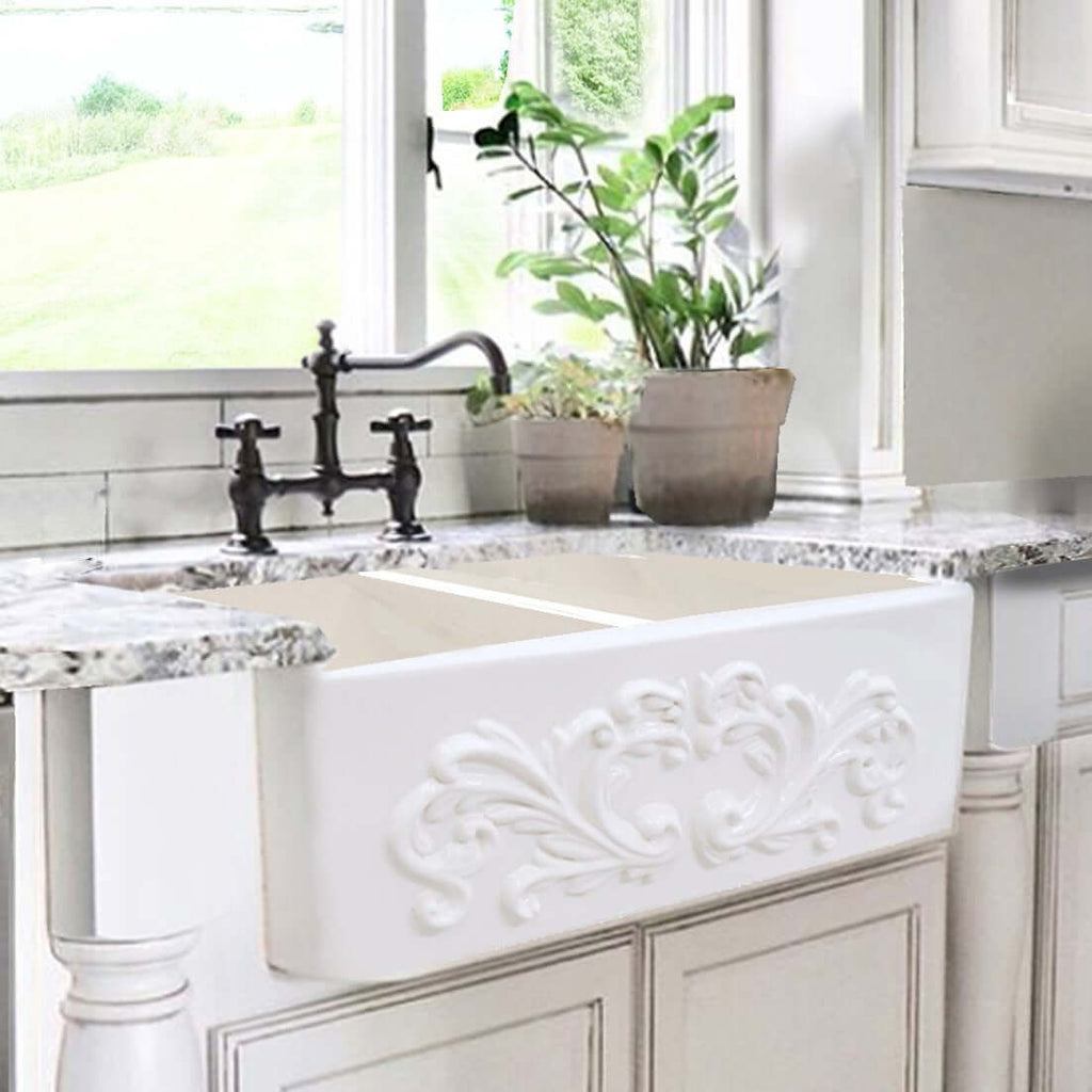Nantucket Sinks Vineyard 33" Fireclay Farmhouse Sink, Double Bowl, White, FCFS3318D-Filigree